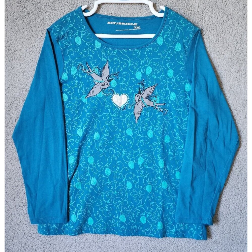 Bit & Bridle Women's Long Sleeve T-Shirt Top Birds Floral Rock & Roll Western 1X